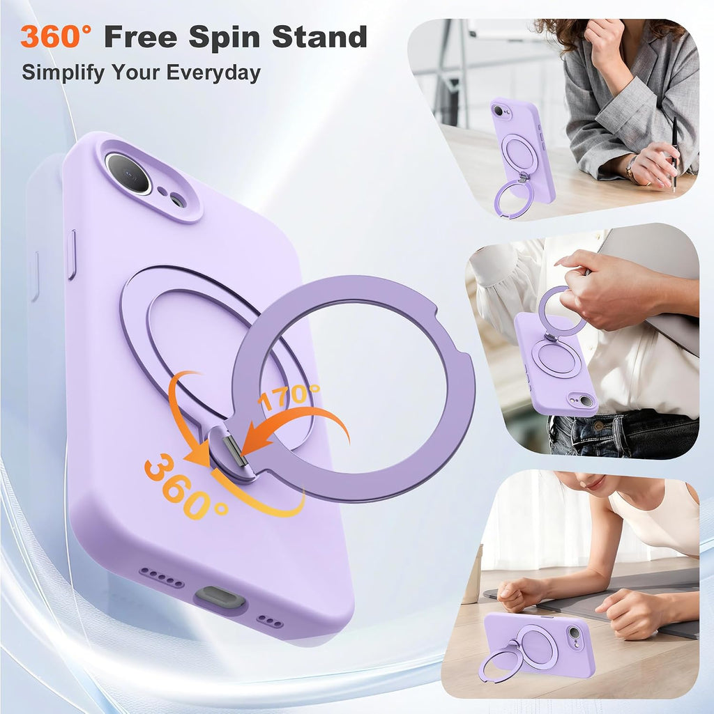 Case for iPhone 17E with 360°Spin Stand,6.1" Light Purple Magnetic 360°Spin Stand,Compatible with Mag-Safe,Soft Silicone 17E Case