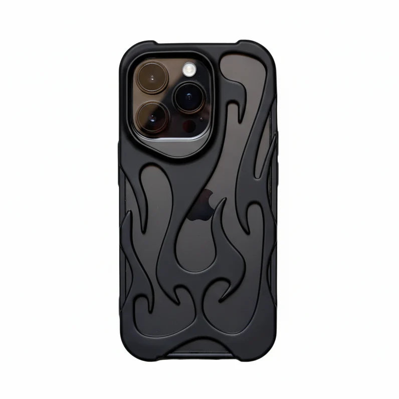 Black phone case with flame design on a white background
